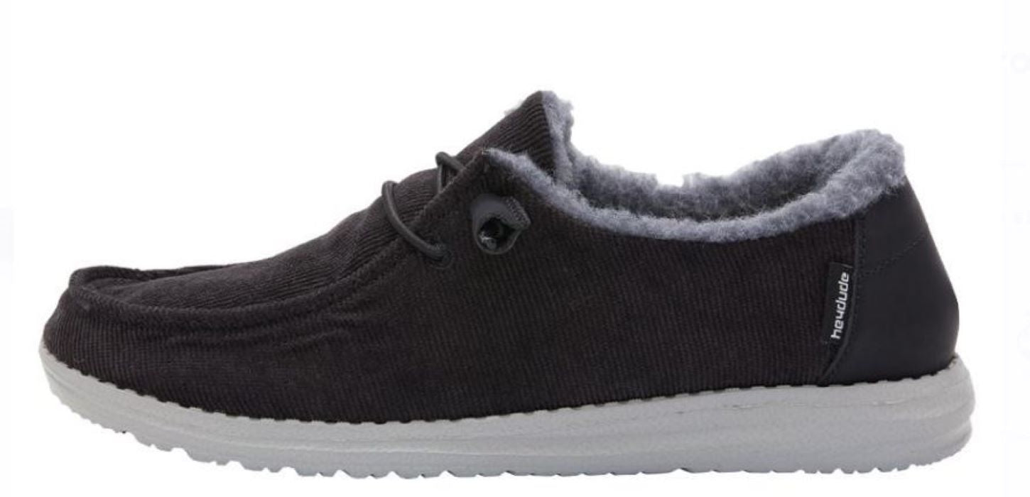 Hey Dude Black Wendy Corduroy Faux Fur Womens Casual Shoes 121414959