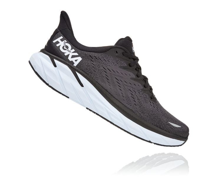 Hoka Black And White Clifton 8 Wide Fit Mens Running Shoes 1121374-BWHT
