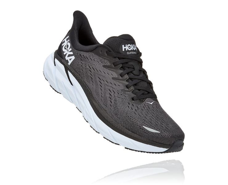 Hoka Black and White Clifton 8 Wide Fit Mens Running Shoes 1121374-BWHT