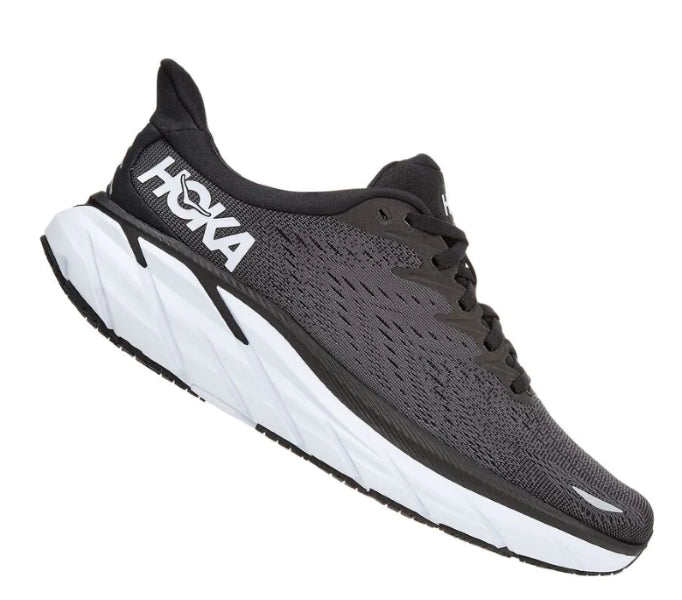 Hoka Black and White Clifton 8 Womens Wide Width Running Shoes 1121375-BWHT