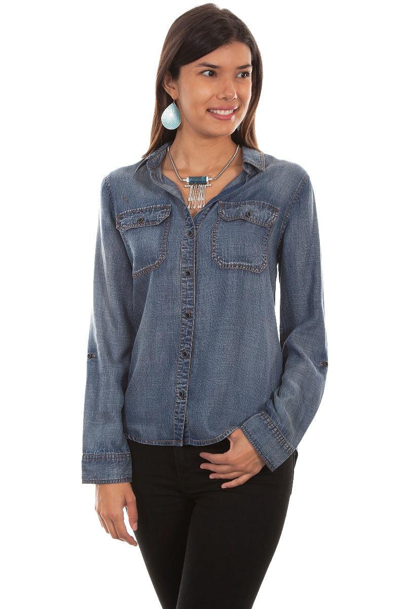 Honey Creek lace up back highlow denim blouse HC473 ***Online Only