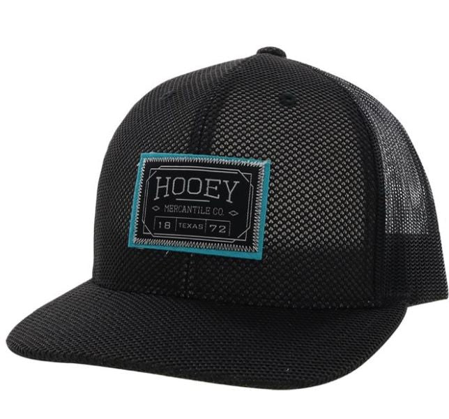 Hooey Black Doc Youth Trucker Hat with Black/White/Turquoise Rectangle Patch 2202T-BK-Y