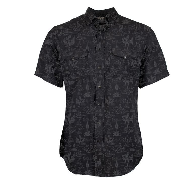 Hooey Black/Print 'Sol' Collared Short Sleeve Men's Athletic Fit Pearl Snap Woven Shirt HT1861BKPR
