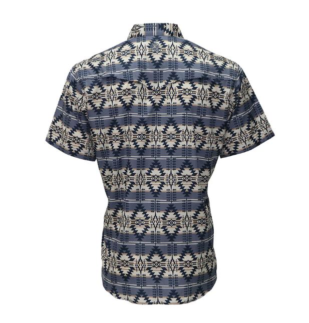 Hooey Blue With Aztec Print Sol Collared Short Sleeve Men's Pearl Snap Shirt HT1861AZST