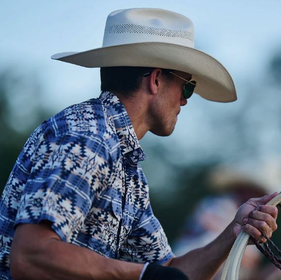 Hooey Blue With Aztec Print Sol Collared Short Sleeve Men's Pearl Snap Shirt HT1861AZST