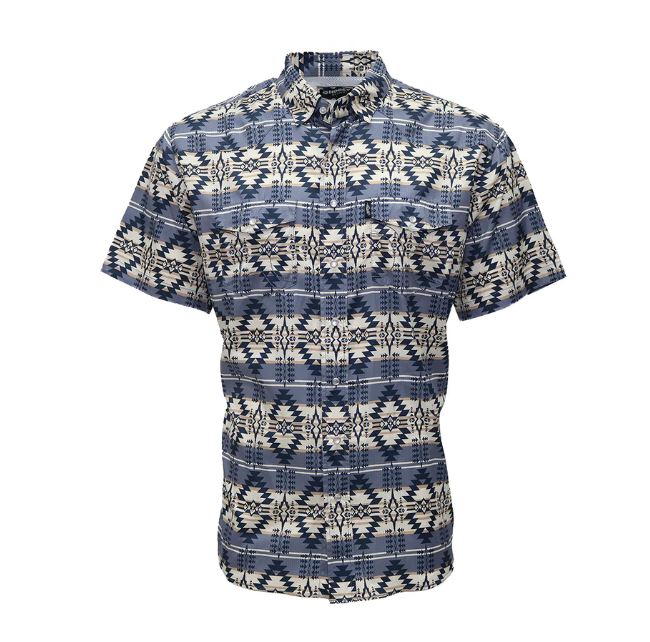 Hooey Blue with Aztec Print Sol Collared Short Sleeve Men's Pearl Snap Shirt HT1861AZST