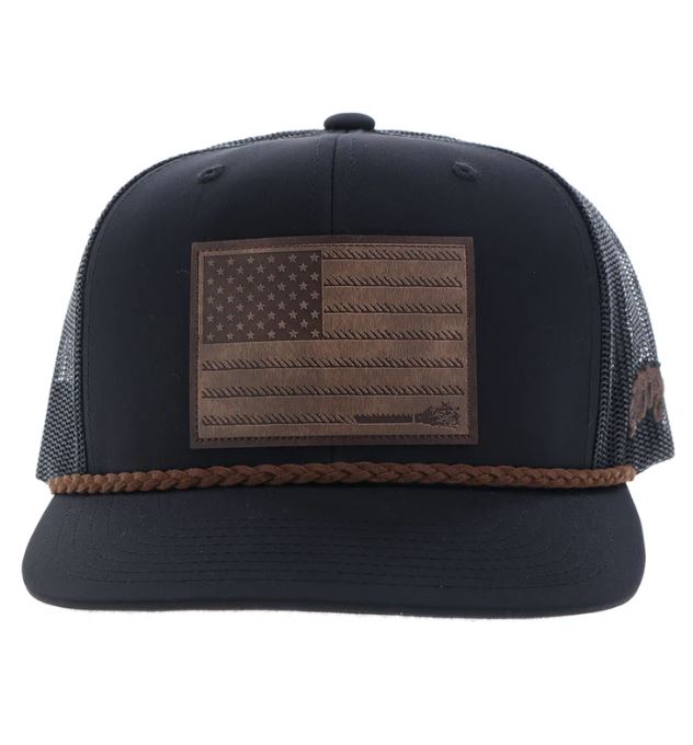Hooey Liberty Roper Black Snapback Hat With Leather Flag Patch 2510T-BK