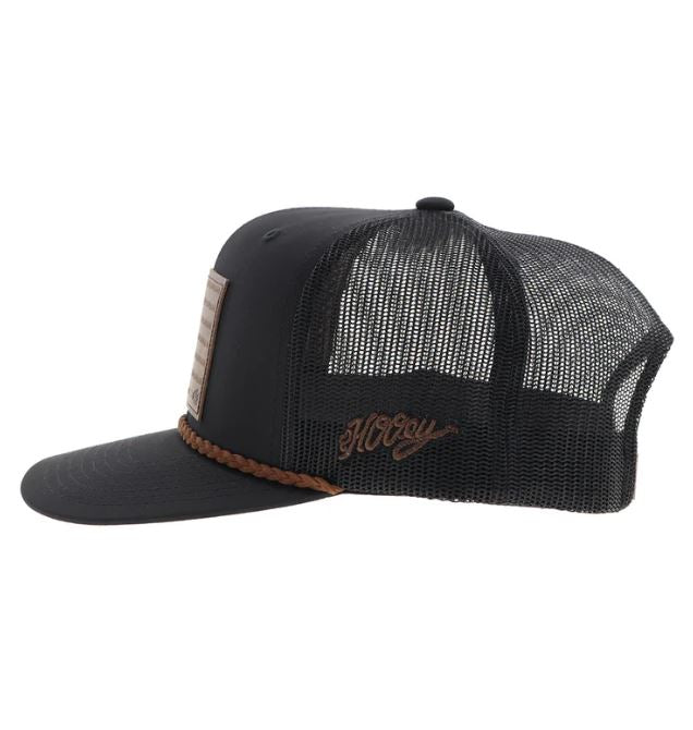 Hooey Liberty Roper Black Snapback Hat With Leather Flag Patch 2510T-BK