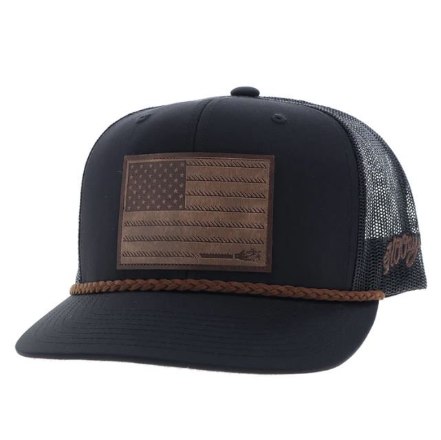 Hooey Liberty Roper Black Snapback Hat with Leather Flag Patch 2510T-BK