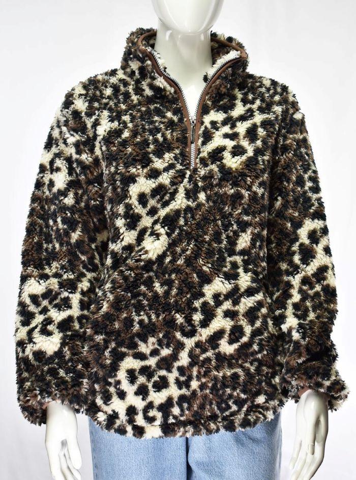 I5 Leopard Print 1/4 Zip Fluffly Fleece Sweater L5002-I5