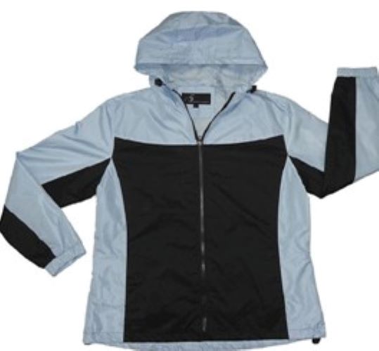 I5 Light Blue and Black Ladies Hooded Ripstop Color Block Windbreaker L5510
