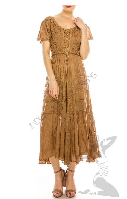 India Casual Designs Coffee Just Cruising Women's Cap Sleeve Dress with Embroidery 4171-CS-COFFEE