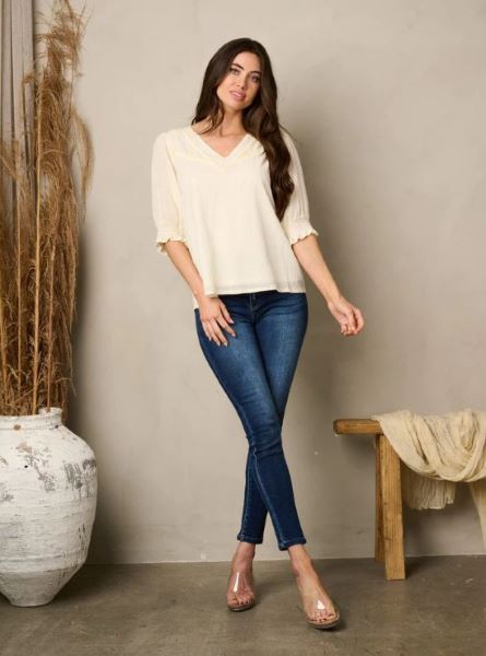 Ivory Women's 3/4 Smock Sleeve V-Neck Women's Tunic Top PST7443-IVORY