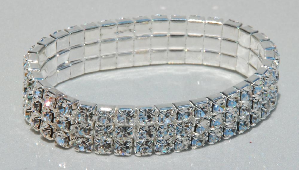 J-156 3 Row Clear Rhinestone Stretch Bracelet