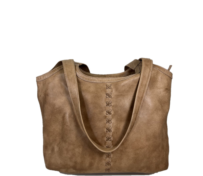 Johns Creek Taupe Distressed Leather Decorative X Stitch Women's Handbag 16475TP