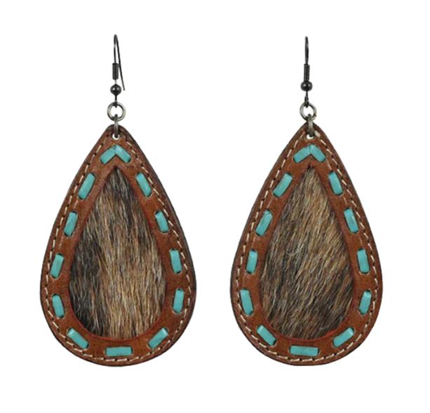 Justin Brown/Turquoise Leather Teardrop Earrings with Brindle Hairon Inlay 23036EJ2