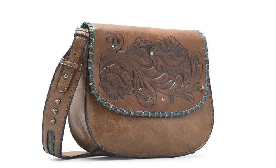Justin Pecan (Brown) Saddle Bag Handbag With Tooled Front Flap And Crystals 23120531