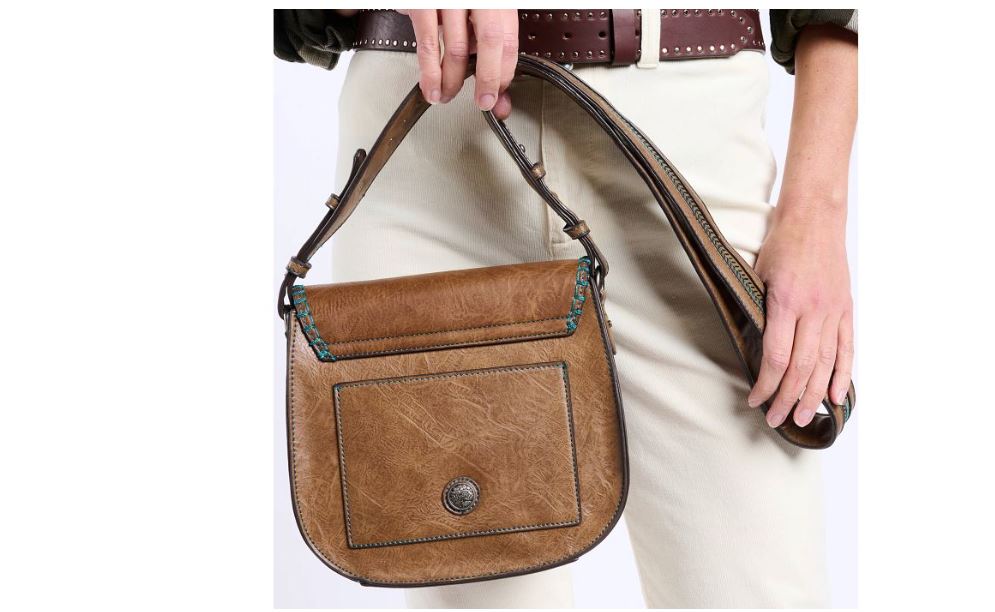 Justin Pecan (Brown) Saddle Bag Handbag With Tooled Front Flap And Crystals 23120531