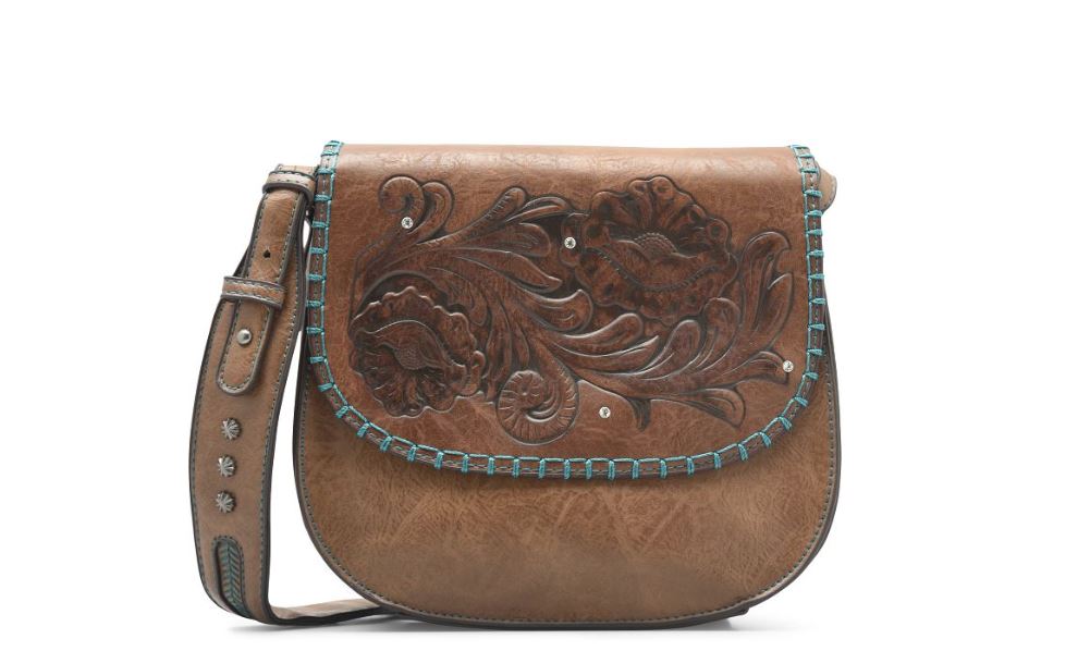 Justin Pecan (Brown) Saddle Bag Handbag with Tooled Front Flap and Crystals 23120531