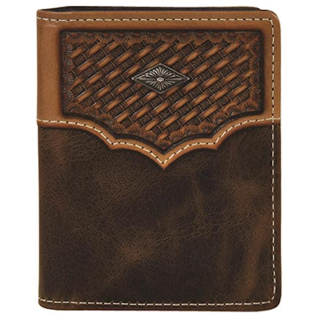 Justin Weathered Brown with Basketweave Yoke Men's Front Pocket Wallet 2030783W3