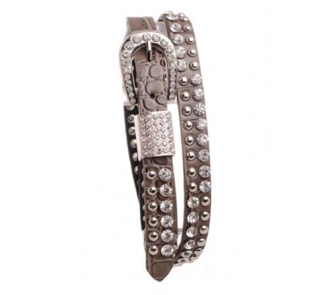 Kamberlety Grey Rhinestone and Metal Studded Women's Leather Belt 160GRY