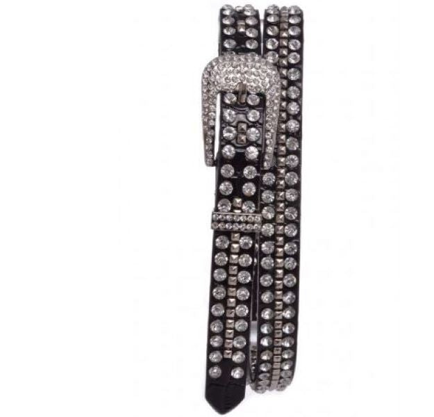 Kamberley Black Rhinestone and Metal Studded Women's Thin Belt 120-BLK
