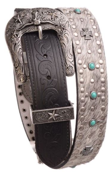 Kamberley Black Turquoise and Cross Studded Women's Leather Fur Belt 6091-BK