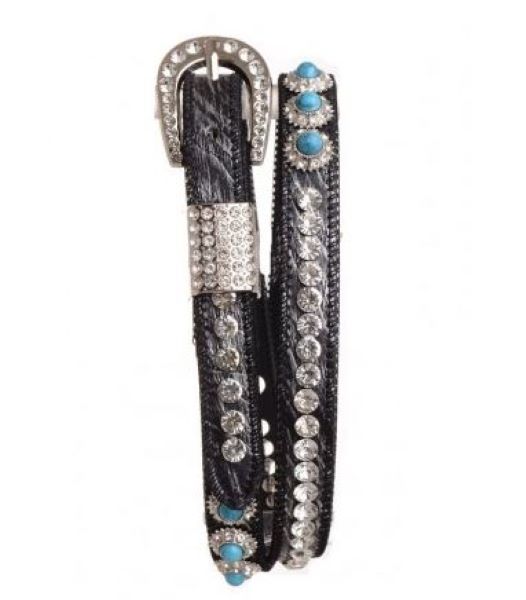 Kamberley Black Turquoise Rhinestone Studded Leather Women's Skinny Belt 6532