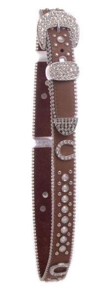 Kamberley Brown Horseshoe Rhinestone Studded Kids Leather Belt K502-BRN