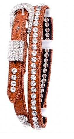 Kamberley Brown Rhinestone Studded Leather Skinny Belt 109-BR
