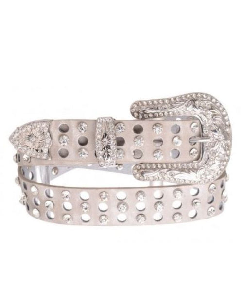 Kamberly Cream Laser Cut Rhinestone Studded Leather Belt 6198