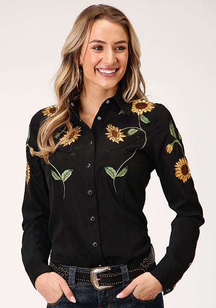 Karman Roper Black Embroidered Sunflower Women's Long Sleeve Snap Shirt 03-050-0040-0667 BL