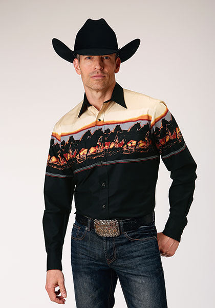Karman Roper Black Men's Long Sleeve Snap Scenic Horse Border Shirt 03-001-0421-0106