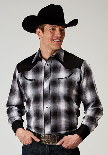 Karman Roper Black/White Plaid Men's Long Sleeve Snap Shirt 01-001-0087-3005
