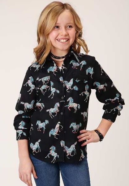 Karman Roper Black Wild Horse Print Girls' Long Sleeve Shirt 308005900154BL