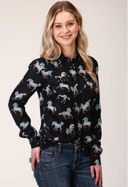 Karman Roper Black Wild Horse Print Rayon Long Women's Sleeve Snap Blouse 305005900154BL