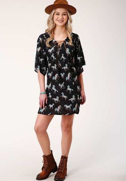 Karman Roper Black Wild Horse Women's Printed Rayon Dress 305705900154BL