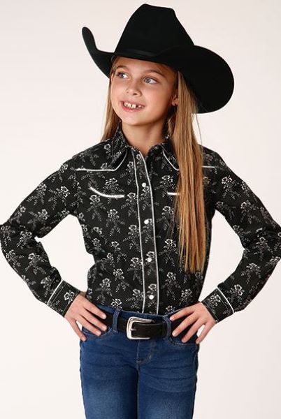 Karman Roper Black with Floral Print Girl's Longsleeve Western Snap Shirt 108000860705BL