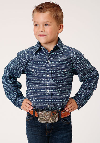 Karman Roper Blue Aztec Print Boys Long Sleeve Snap Shirt 03-030-0067-0467BU