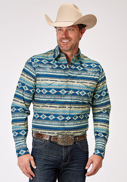 Karman Roper Blue Men's Aztec Blanket Print Long Sleeve Snap Shirt 03-001-0067-0322