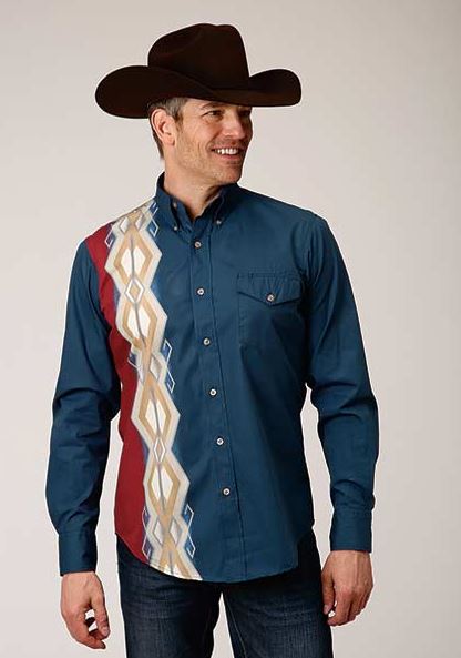 Karman Roper Blue Mens Vertical Aztec Border Print Shirt 0300104850657BU