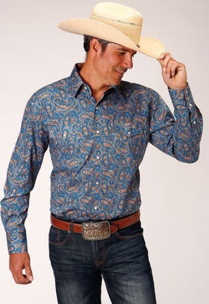 Karman Roper Blue/Orange Paisley Print Men's Long Sleeve Snap Shirt 300102254015MU