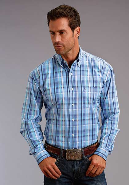 Karman Roper Blue Satin Plaid Stetson Mens Long Sleeve Western Shirt 1100105790461BU