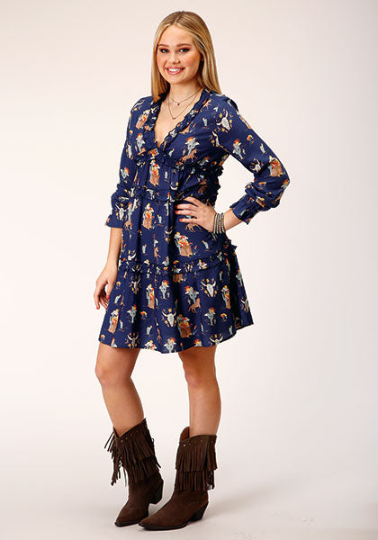 Karman Roper Blue Women's Cowboy Toile Printed Rayon Dress 03-057-0590-6122