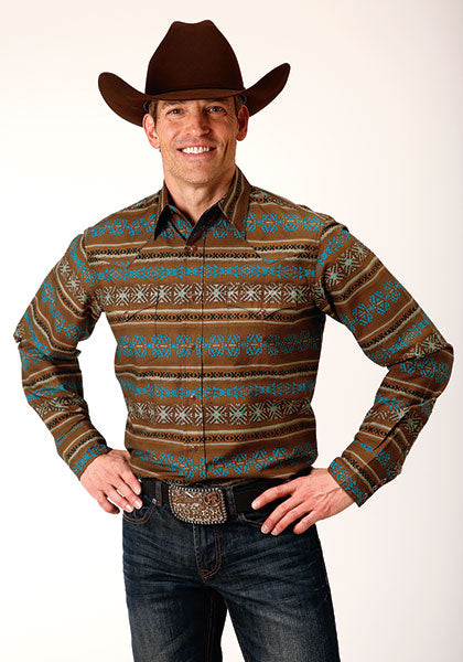 Karman Roper Brown Men's Long Sleeve Horizontal Aztec Print Shirt 03-001-0067-0788