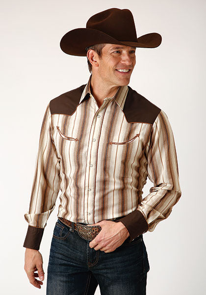 Karman Roper Brown Men's Long Sleeve Snap Retro Contrast Fancy Yoke Shirt 01-001-0087-0668