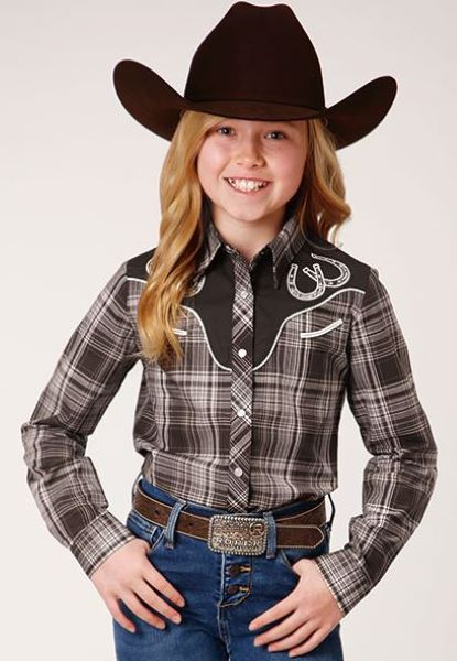 Karman Roper Chocolate and Cream Plaid Girl's Long Sleeve Western Snap Shirt 108000246080BR