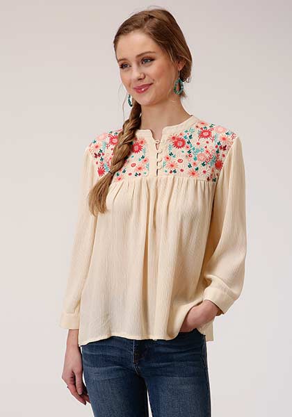 Karman Roper Cream Cotton Crepe Womens Peasant Blouse 03-050-0565-0124WH