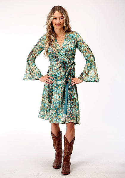 Karman Roper Green/Teal Women's Wrap Dress in Flowing Polyester Georgette 03-057-0590-7088
