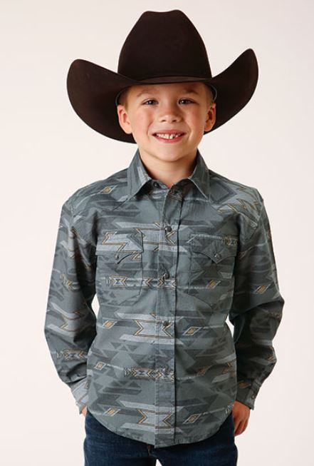 Karman Roper Grey Fog Horizontal Aztec Print Boys Collared Longsleeve Snap Shirt 303000670787GY